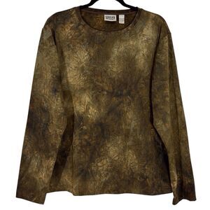 Chicos Design Abstract Top Brown Green Camo Tie Dye Long Sleeve Tee Size 3 XL